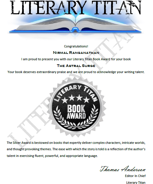 Literary Titan Award Certificate - Silver - Nirmal Ranganathan